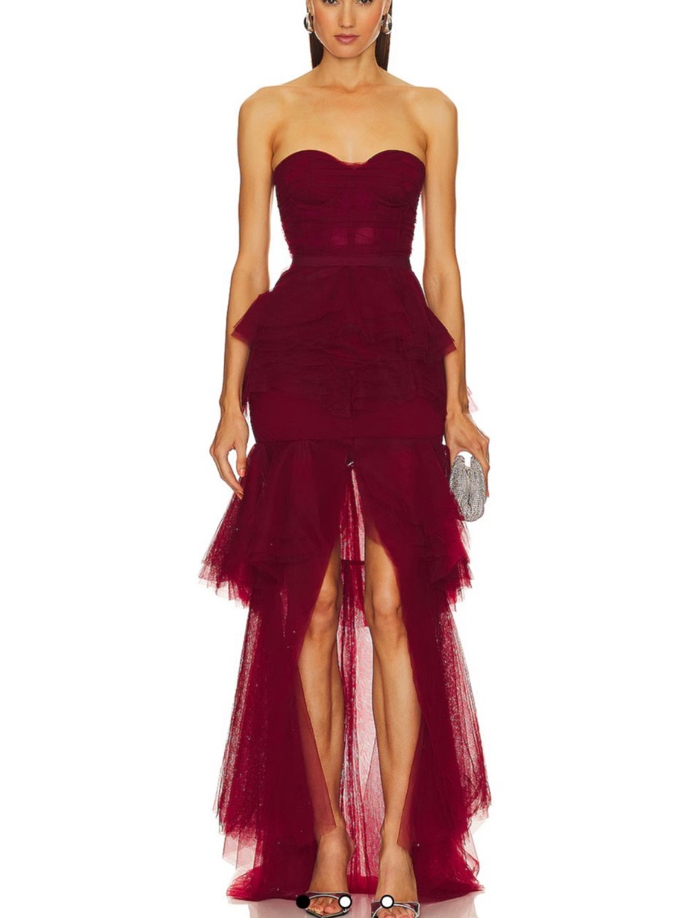 Strapless Burgundy Tulle High-Low Evening Dress